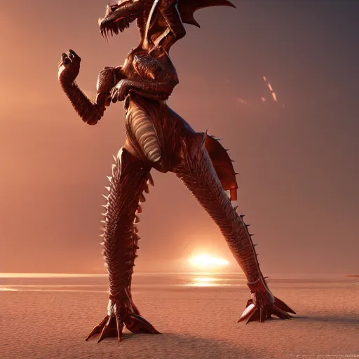 Image similar to a highly detailed beautiful anthropomorphic robot female dragon with smooth and streamlined armor, doing an elegant pose on the beach, artstation, DeviantArt, professional, octane render