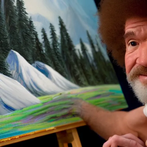 Image similar to a closeup photorealistic photograph of bob ross working on a canvas painting of elmo. film still. brightly lit scene. mountains and trees. this 4 k hd image is trending on artstation, featured on behance, well - rendered, extra crisp, features intricate detail, epic composition and the style of unreal engine.