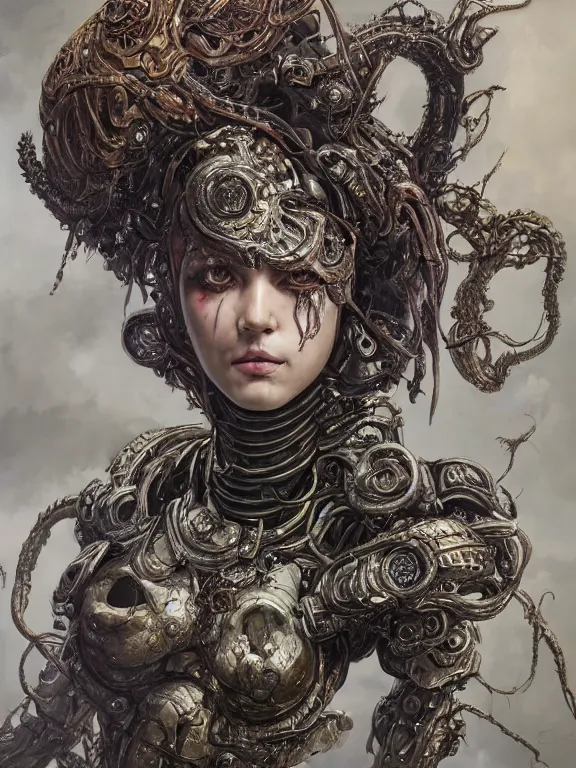 Prompt: portrait art of 8k ultra realistic Medusa, detailed intricate ornate armour,decaying, cybernetic, full of colour, cinematic lighting, battered, trending on artstation, 4k, hyperrealistic, focused, extreme details,unreal engine 5, cinematic, masterpiece, art by ayami kojima, giger