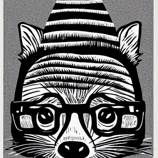 Prompt: happy raccoon wearing a turtleneck, hipster glasses, black and white, linocut