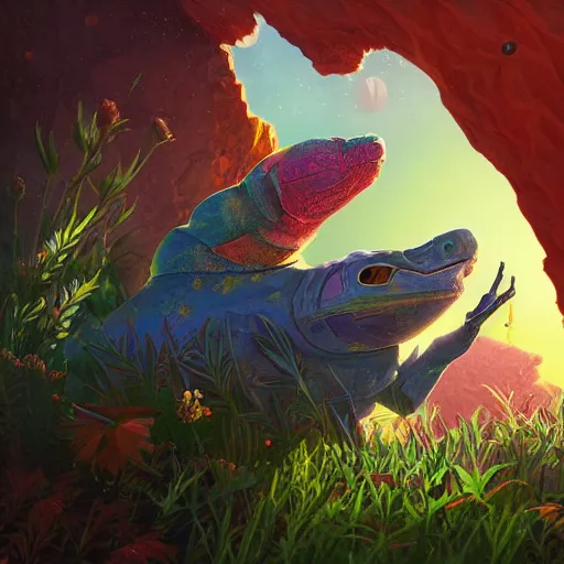 Prompt: gek enjoying medicinal herb in no man's sky colorful, fantasy, intricate, highly detailed, digital painting, hq, trending on artstation, illustration, style of stanley artgerm and greg rutkowski and dan mumford