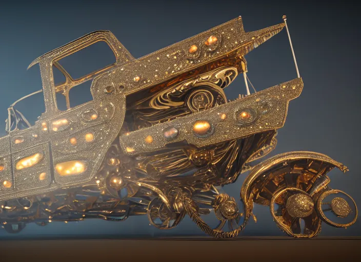 Prompt: cinderella stage coach, white pearlescent, chrome, iridescent titanium, crystal, liquid gold, copper, bronze biomechanical architecture, cinematic, crystalline masterpiece incrustations, hyperdetailed metalwork, in volumetric soft glowing mist, movie still, octane render, pixar, crepuscular rays,