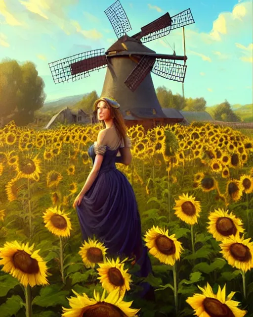 Image similar to epic portrait cinematic shot an windmill standing in a sunflower field, sunny day, village in the backround, carriage, fine details. night setting. realistic shaded lighting poster by craig mullism, artgerm, jeremy lipkin and michael garmash, unreal engine, radiant light, detailed and intricate environment, digital art, trending on art station,