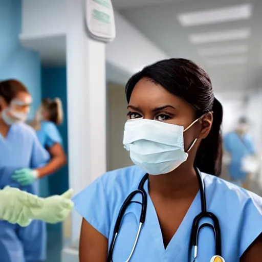 Prompt: nurses mask patient hospital