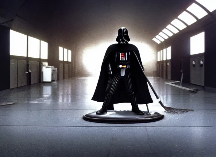 Image similar to film still of Darth Vader working as a janitor in the new Star Wars movie, 4k