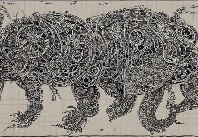 Prompt: schematic blueprint of highly detailed ornate filigreed convoluted ornamented elaborate cybernetic rat, art by da vinci