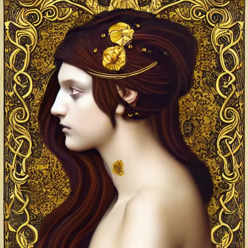 Prompt: a beautiful girl made of ivory and gold, highly intricate, digital art, very detailed, in the style of a weird and dark eerie liminal art nouveau flemish painting