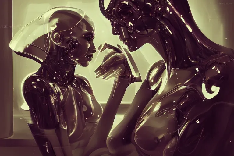 Prompt: androgynous cyborgs creating humans in a sophisticated bio lab, specimens submerged in incubators, sci - fi, neon lighting, sophisticated, futuristic, highly detailed, intricate, sharp focus, digital illustration, smooth, by artgerm, wlop, syd meade, greg rutkowski, trending on artstation