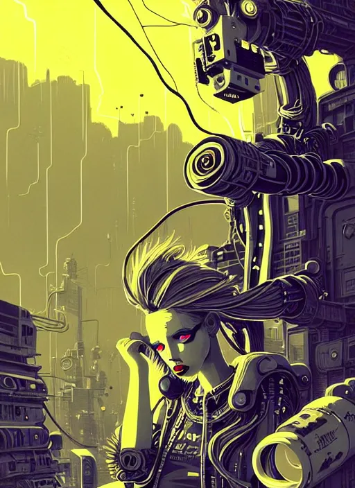 Image similar to highly detailed portrait of wasteland punk long curly bright yellow and white plasma electricity hair tribal lady, stray electric spark wiring by atey ghailan, james gilleard, by joe fenton, by greg rutkowski, by greg tocchini, by kaethe butcher, 4 k resolution, gradient yellow, black and white color scheme!!! ( ( lightning cloudy robotic dystopian city background ) )