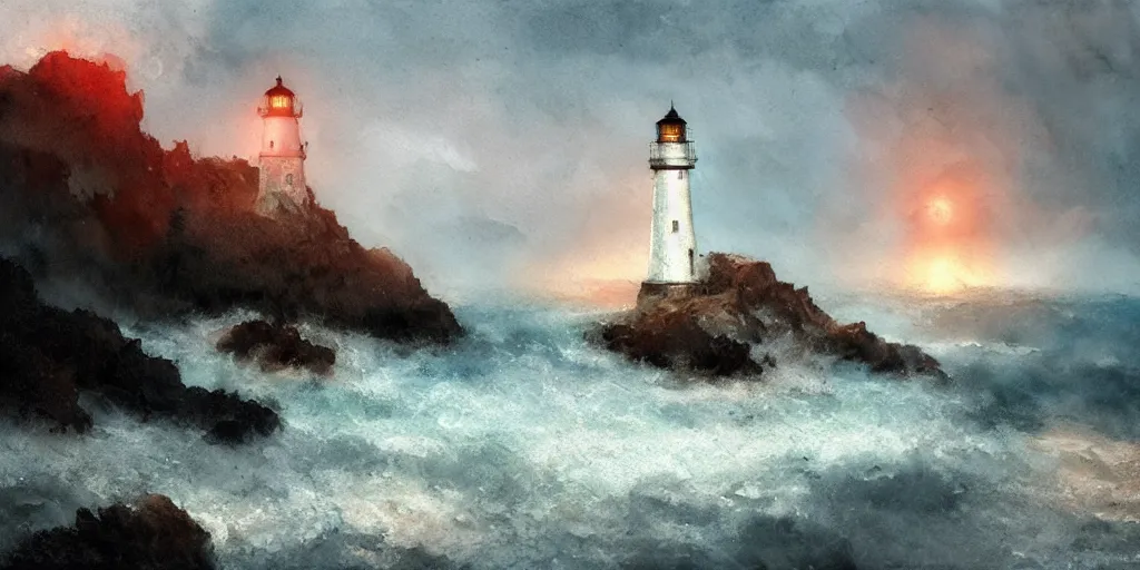 Prompt: a watercolor painting of a single lighthouse in a small rocky island during a violent storm by craig mullins, high quality, highly detailed, digital painting, masterpiece, turbulent sea, dramatic lighting, cinematic, centered, watercolor, william turner style, 4 k