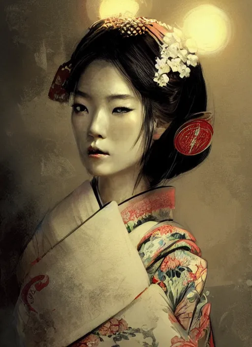 Image similar to female geisha girl, beautiful face, rule of thirds, intricate outfit, spotlight, by greg rutkowski, by jeremy mann