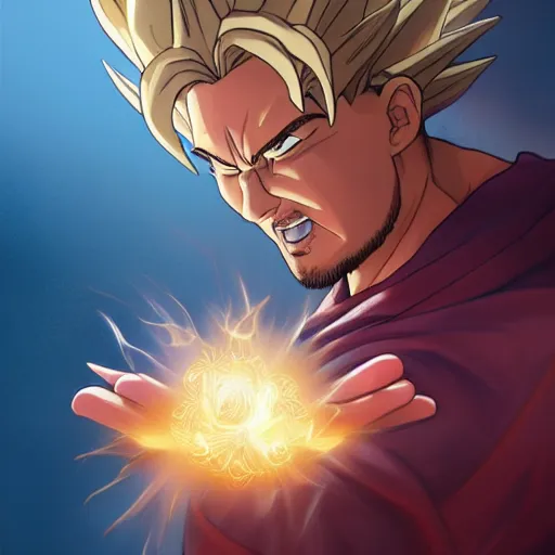 Image similar to Jesus christ transforming in super Saiyan holding the a shiny Sacred Heart , by Stanley Artgerm Lau, WLOP, Rossdraws, James Jean, Andrei Riabovitchev, Marc Simonetti, Yoshitaka Amano, ArtStation, CGSociety,