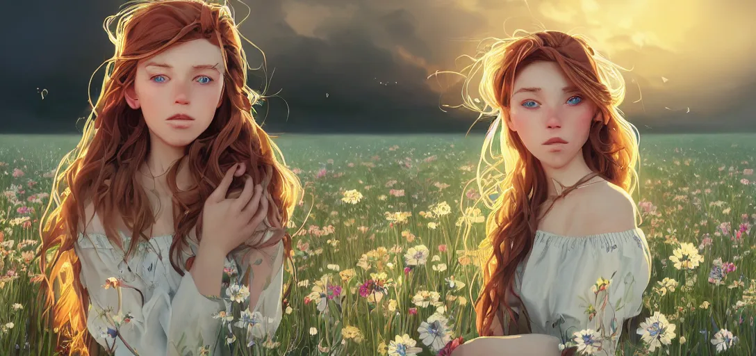 Image similar to a beautiful southern woman named Savannah, innocent, somber turquoise eyes, freckles, long ginger hair tied with white ribbon, relaxed in a field of flowers on a farm, gentle lighting, storm in the distance, western clothing, dress, digital art by Makoto Shinkai ilya kuvshinov and Wojtek Fus, digital art, concept art,