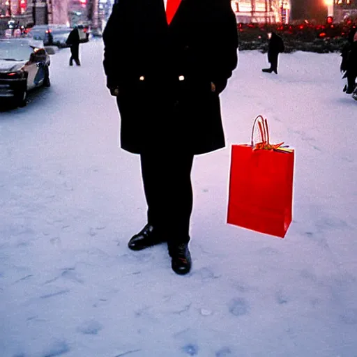 Prompt: 1 9 9 8 andy richter wearing a black wool coat and necktie standing on the streets of chicago at night in winter, holding shopping bags gifts, dynamic lighting, holiday season.