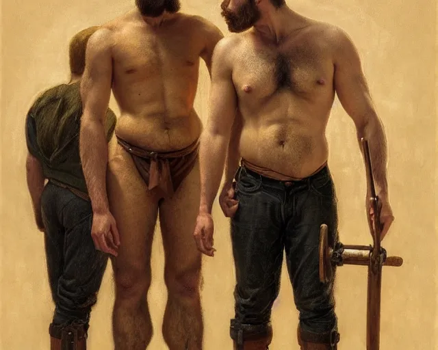 Prompt: a homoerotic symmetrical painting by tom of finland, clyde aspevig, greg rutkowski, gaston bussiere, j. c. leyendecker of attractive hairy blacksmith and handsome preacher, they are in love standing back to back, soot and linen, shirtless, military pants, natural lighting, highly detailed, high quality, trending on artstation