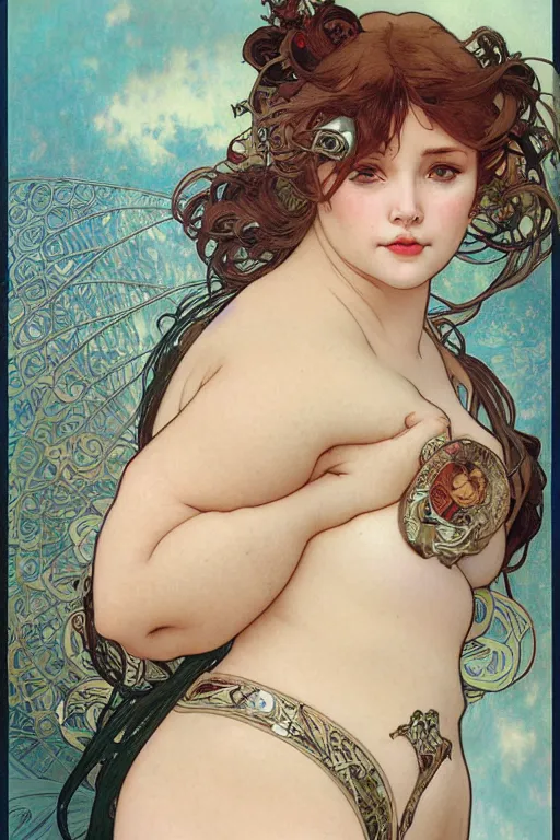 Prompt: hyper-realistic detailed face portrait of attractive overweight, plus-sized model cat girl by Alphonse Mucha, Ayami Kojima, Amano, Charlie Bowater, Karol Bak, Greg Hildebrandt, Jean Delville, and Mark Brooks, Art Nouveau, Neo-Gothic, gothic, rich deep colors