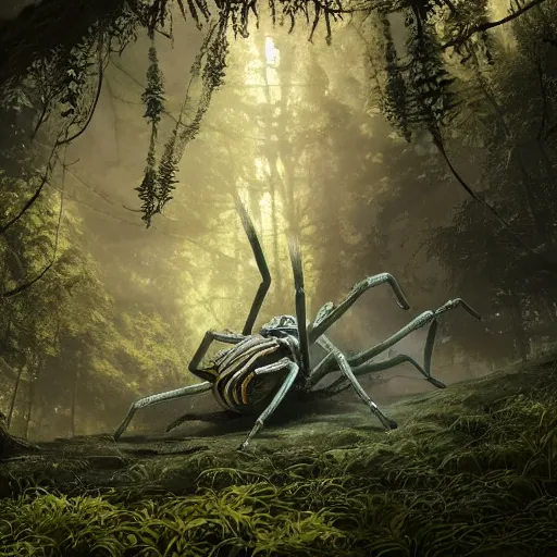 Image similar to an ugly giant spider, beautiful, realistic, atmosphere, vibe, forest, giant webs, ferns, bones, concept art illustration, color page, tone mapping, akihiko yoshida, james jean, andrei riabovitchev, marc simonetti, digital illustration, greg rutowski, volumetric lighting, sunbeams, particles