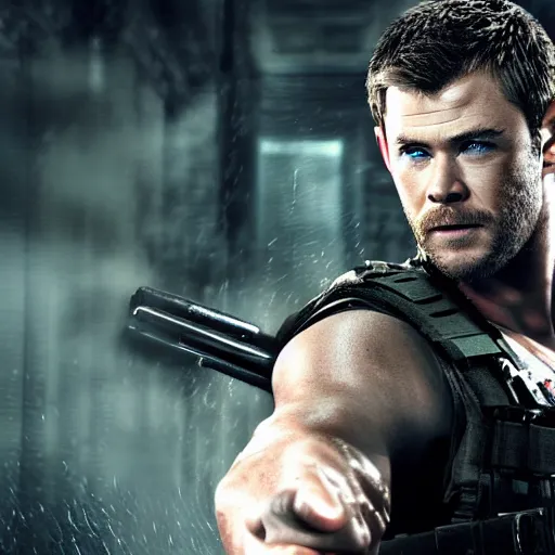 Image similar to chris hemsworth as chris redfield, 4 k, high detail, high - resolution photograph, professional photography, ultra - detail, resident evil