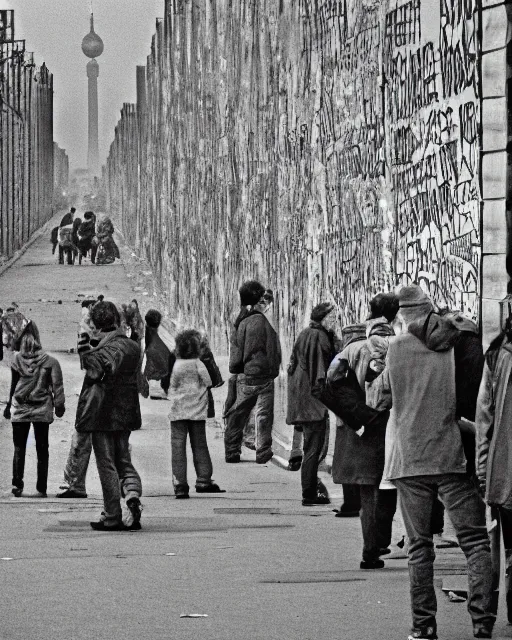 Image similar to fall of the berlin wall, hyper realism, high detail, extremely detailed, very sharp, award winning photo, in the style of vivian maier