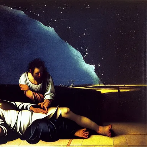 Image similar to about world in comfort caravaggio and quint bucholz parallel reality with unreal endless night sky