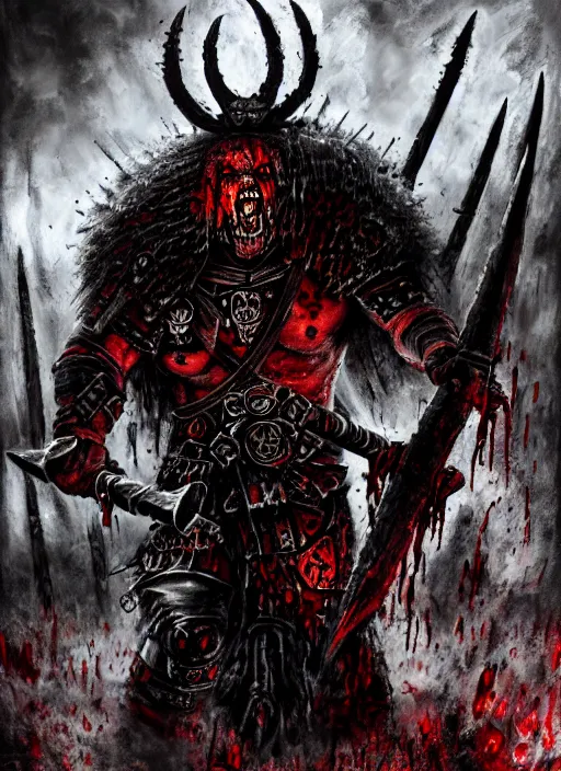 Image similar to berserker of khorne, blood warrior, evil, bloody axe, screaming, insanity, anger, psychopath, intricate, bloody runes, runes, bottom up lighting, warhammer, warhammer 4 0 k, highly detailed, digital painting, concept art, sharp focus, illustration, psychedelic, grim dark, moody, gloomy, art by john blanche