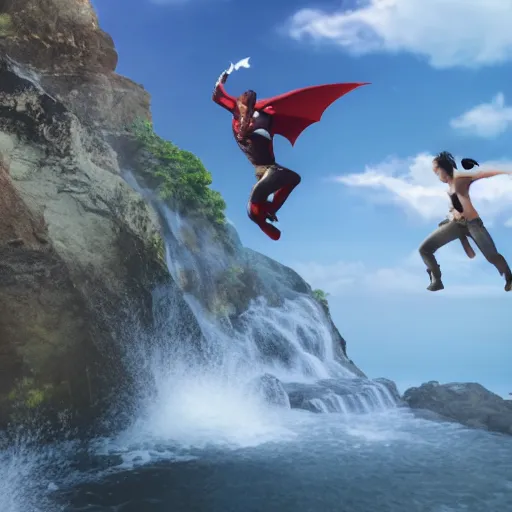 Prompt: man with sword jump of the cliff in front of the waterfall, dragons flying around, anime, realistic shot, nature, animal planet, superhero