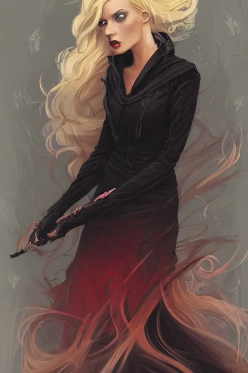 Image similar to beautiful wicked female occultist, sweeping ombre blonde hair, red eyes, portrait, high cheekbones, Victorian, black velvet dress, dark colors, magic Amulet, fantasy painting, trending in Artstation, GSociety, by Charlie Bowater, Brom, Bastien Lecouffe-Deharme