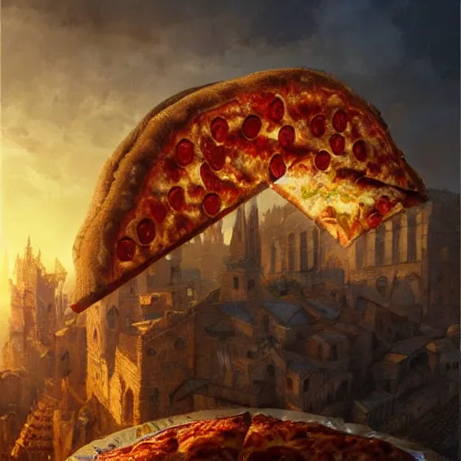 Image similar to ultra realistic illustration of!! pizza giant!!, intricate, fantasy italy, epic landscape, highly detailed, digital painting, artstation, concept art, smooth, sharp focus, illustration, art by tim mcburnie and conar cross and anato finnstark