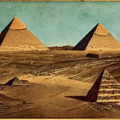 Image similar to an old journal page with a rich illustration of a ufo laying blocks of a half-built Pyramid of Giza