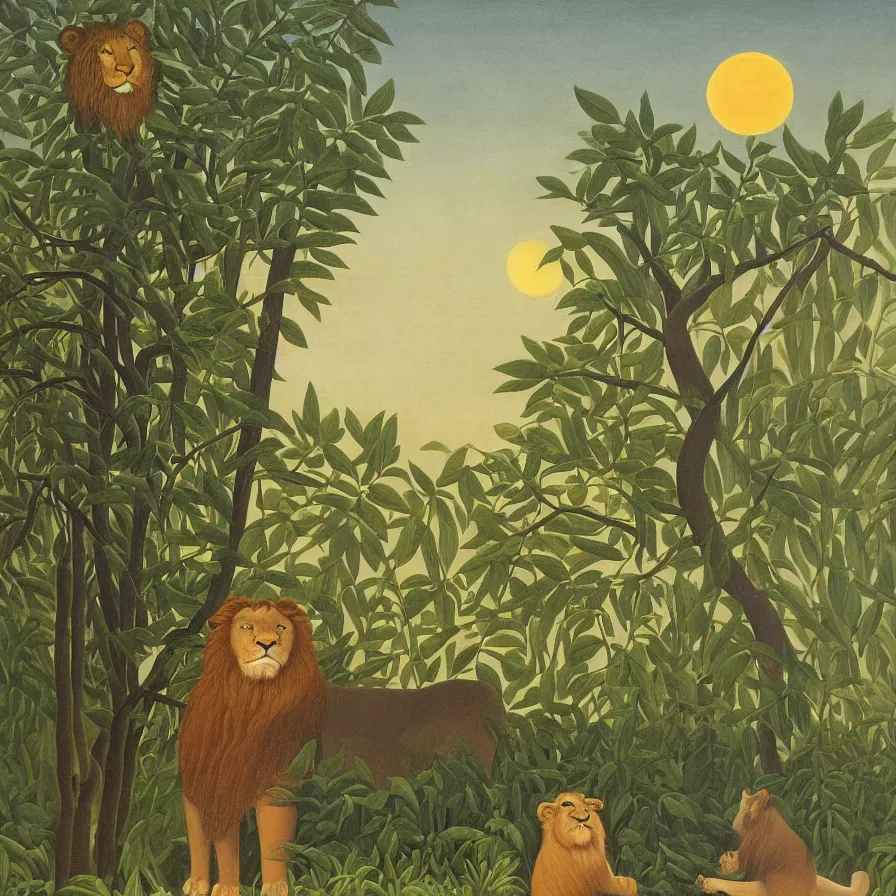 Image similar to in the style of henri rousseau, a lion standing behind a sleeping man dressed in a stripe rope. In the background is a mountain range. It is night and a full moon can be see on the right hand side. a Mandolin is laying in front of the sleeping man