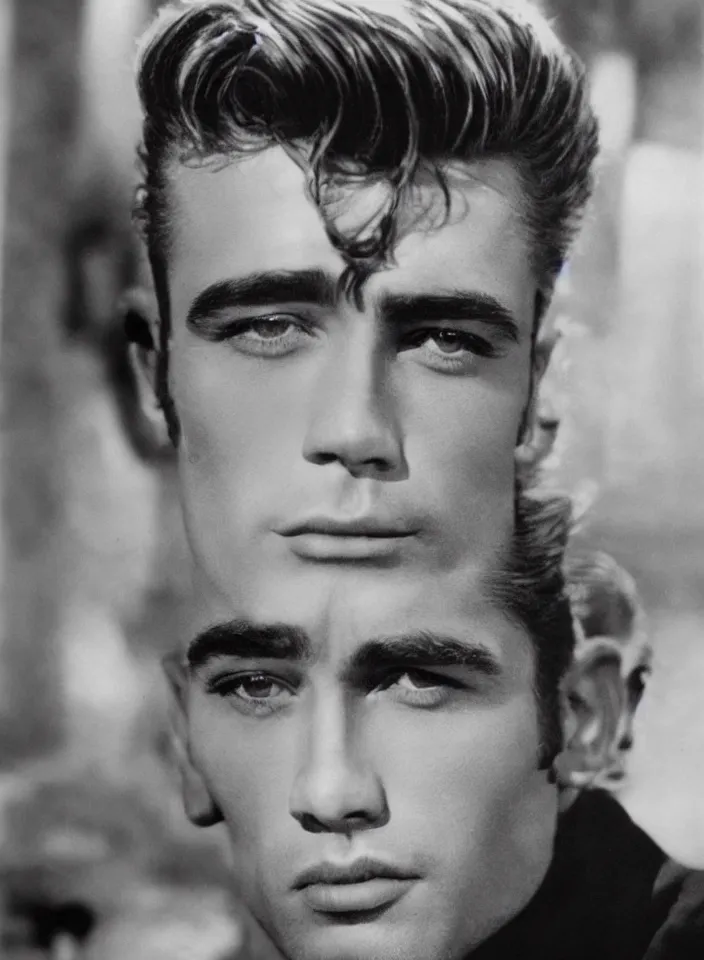 Image similar to genetic combination of james dean, elvis presley, sean connery, and boris karloff. gaunt, handsome, beautiful, striking, chiseled. prominent cheekbones, deep dimples, strong jaw.