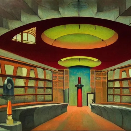 Image similar to death ray doomsday weapon observatory rotunda interior, dystopian, pj crook, edward hopper, oil on canvas