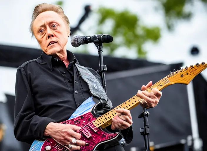 Prompt: photo still of christopher walken on stage at vans warped tour!!!!!!!! at age 5 5 years old 5 5 years of age!!!!!!! shredding on guitar, 8 k, 8 5 mm f 1. 8, studio lighting, rim light, right side key light