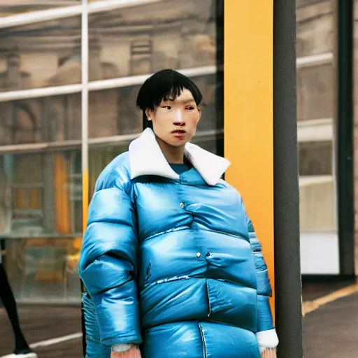 Image similar to realistic photoshooting for a new balenciaga lookbook, color film photography, portrait of a blonde asian woman, model wearing a puffer jacket, photo in style of tyler mitchell, 3 5 mm,