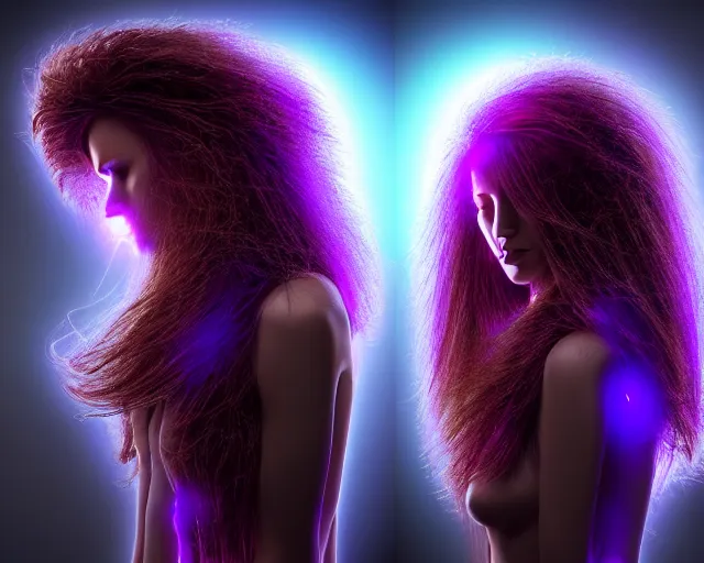 Image similar to glowing hair, complex cybernetic beings, beautiful hairy humanoids, cybermagnetosphere, cybernetic civilizations, ornate hair, love, joy, vortexes, large arrays, data holograms, 8 k, cinematic light shadows, wet hdr refractions, *, * * *, * * * * *