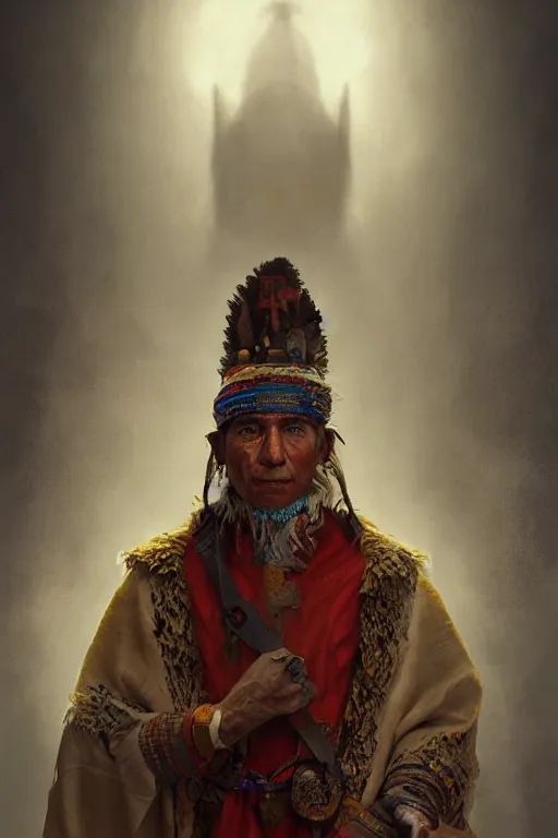 Image similar to aztec priest, close - up portrait, devoted, intricate, elegant, volumetric lighting, scenery, digital painting, highly detailed, artstation, sharp focus, illustration, concept art, ruan jia, steve mccurry