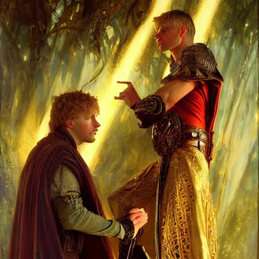 Image similar to stunning arthur pendragon in love with stunning male merlin the mage. they are close to each other. highly detailed painting by gaston bussiere, craig mullins, j. c. leyendecker