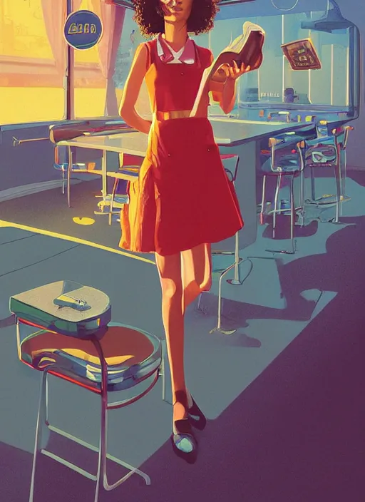 Image similar to poster artwork by Michael Whelan, Bob Larkin and Tomer Hanuka, Karol Bak of Zendaya is a high school student working at the diner wearing waitress dress, from scene from Twin Peaks, simple illustration, domestic, nostalgic, from scene from Twin Peaks, clean