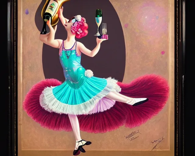 Image similar to a 1 9 2 0 s cancan dancer with a big bottle of champagne in art deco style, nicoletta ceccoli, mark ryden, lostfish, max fleischer, hyper realistic, artstation, illustration, digital paint, matte paint, vivid colors, bright, cheerful, detailed and intricate environment