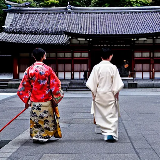 Prompt: a realistic photo of 2 japanese demons walking through kyoto, scary, realistic, high detail,