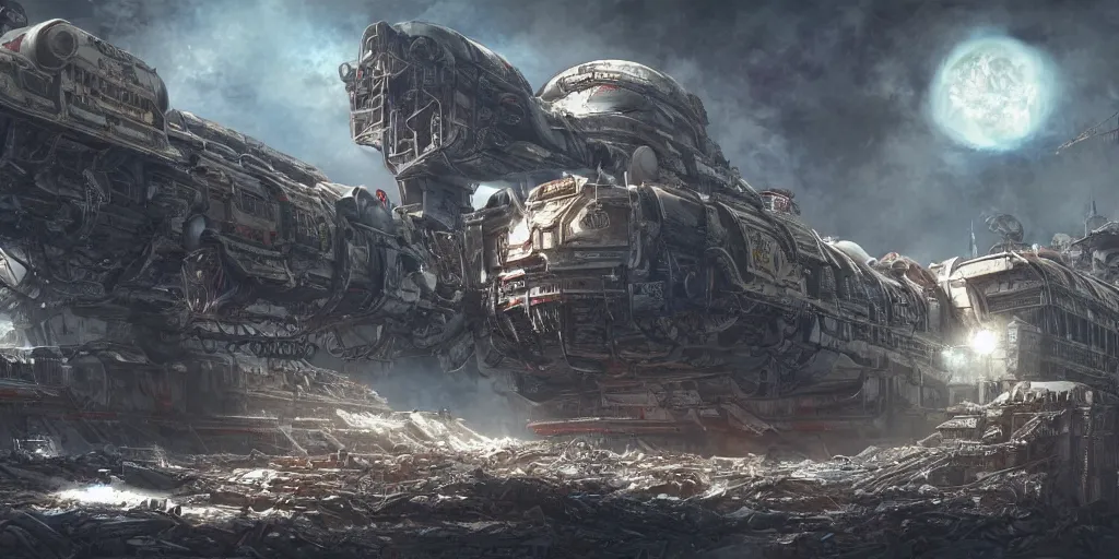 Prompt: A beautiful highly detailed matte painting of a huge derelict cargo starship, Space Hulk, WarHammer 40k by Jose Daniel Cabrera Pena and Leonid Kozienko, concept art H 1024