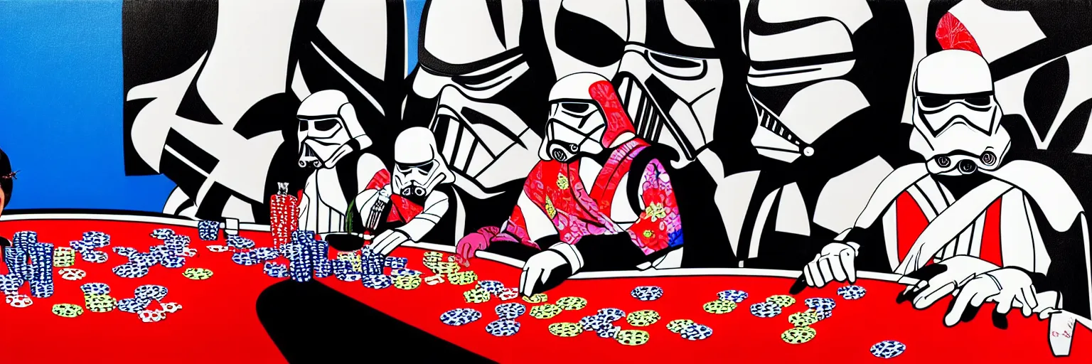 Image similar to hyperrealism composition of the detailed woman in a japanese kimono sitting at an extremely detailed poker table with darth vader and stormtrooper, fireworks on the background, pop - art style, jacky tsai style, andy warhol style, acrylic on canvas