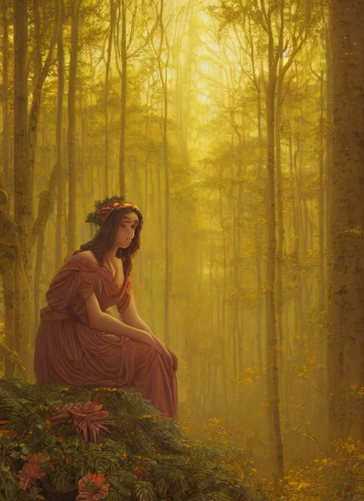 Image similar to intricate oil painting portrait by John William Godward and Anna Dittman and Laurie Greasley and Victo Ngai and Taro Okamoto and Caspar David Friedrich depicting a female fantasy priestess in a bright temple surrounded by yellow spring forest and dead trees, evening, atmospheric lighting, intricate detail, cgsociety, hyperrealistic, octane render, RPG portrait, ambient light, dynamic lighting