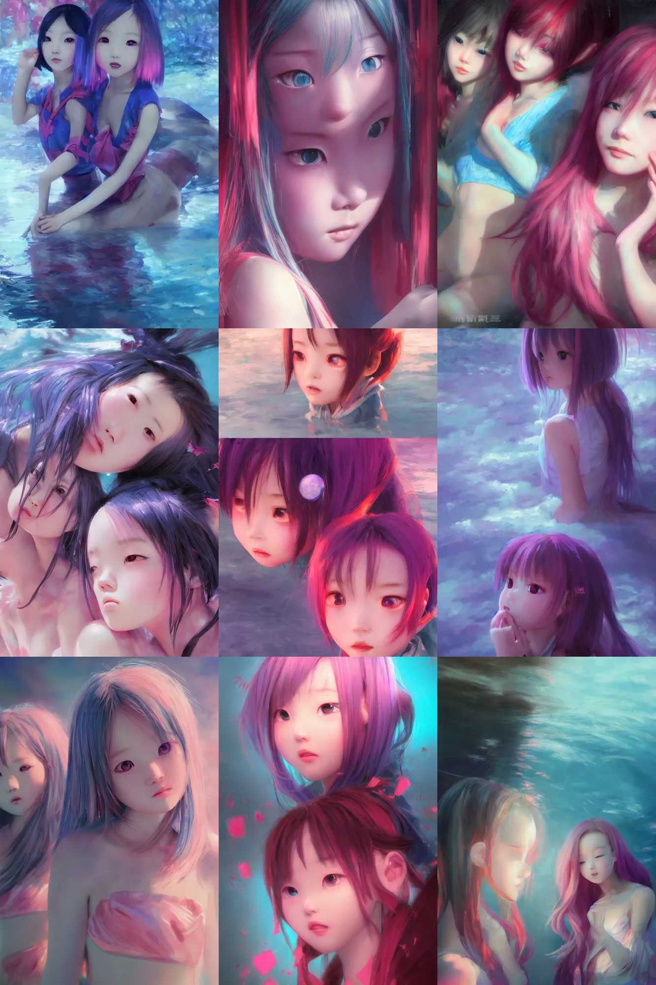 Prompt: 3d infrared octane render concept art by D. Jun, by Mo Xiang Tong Xiu, by Igarashi Daisuke, cute beauty portrait anime sad friends schoolgirls under dark pink and blue water. light rays. deep water. beautiful and cutest sad face. dramatic deep light, trending on artstation, oil painting brush
