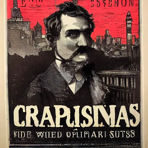 Image similar to 1 8 9 0 s capitalism poster, black and white engraving, eastern european look, with red ink used for emphasis, on antique yellowed paper. serious face of leader in the middle of poster, with intricate imagery of buildings and factories and laborers in the background