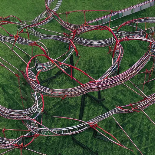 Prompt: a rollercoaster, tracks of barbed wire, birds eye view, hyperrealistic