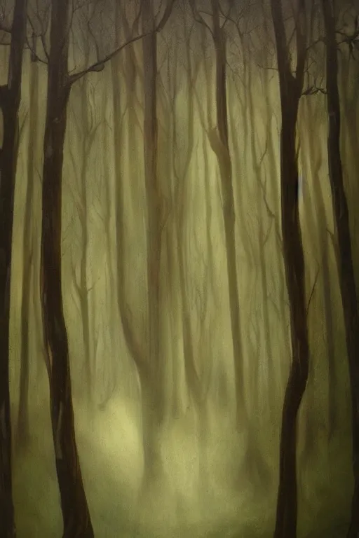 Image similar to dark haunted woods. pan's labyrinth style, atmospheric, foggy, oil painting on canvas. fairytale