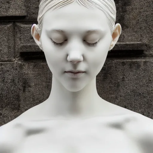Image similar to full head and shoulders, beautiful female porcelain sculpture by daniel arsham and raoul marks, smooth matte skin, all white features on a white background, delicate facial features, white eyes, white lashes, gold liquid dripping from eyes