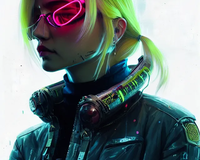 Image similar to detailed portrait neon operator lady, blonde straight hair, cyberpunk futuristic, neon, reflective puffy coat, decorated with traditional japanese by ismail inceoglu dragan bibin hans thoma greg rutkowski alexandros pyromallis nekro rene margitte, illustrated, perfect face, fine details, realistic shaded, fine - face, pretty face