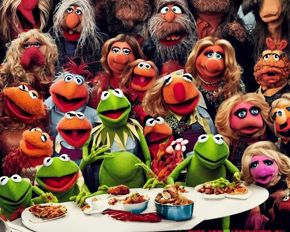 Image similar to A horror movie poster featuring muppets sitting at a dinner table